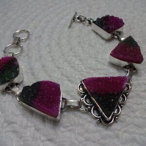 Unique PINK & GREEN TITANIUM DRUZY Handmade Sterling 925 Bracelet #836C